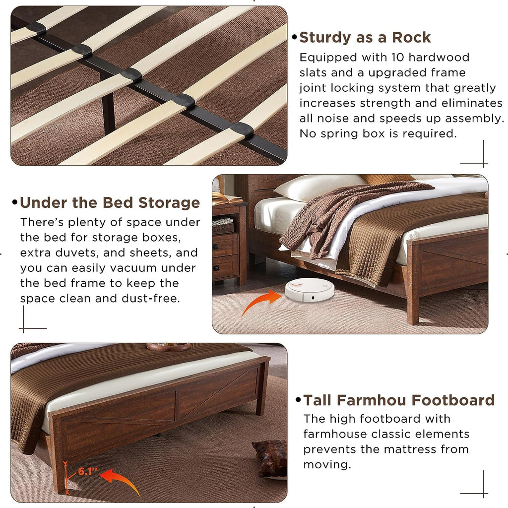 Light Rustic Oak Wood Platform Bed Frame with Bookcase Storage Headboard F31151
