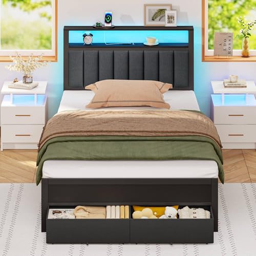 Grey Upholstered Twin Bed Frame with Charging Station and LED Lights W718