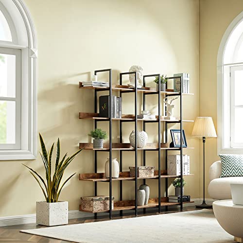 Black Triple Wide 5 Tiers Industrial Bookshelf with Metal Frame O5298