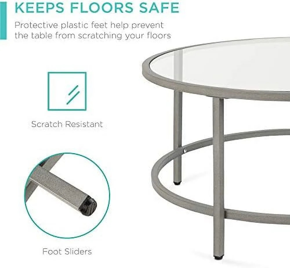 36in Round Tempered Glass Coffee Table with Metal Frame H7235