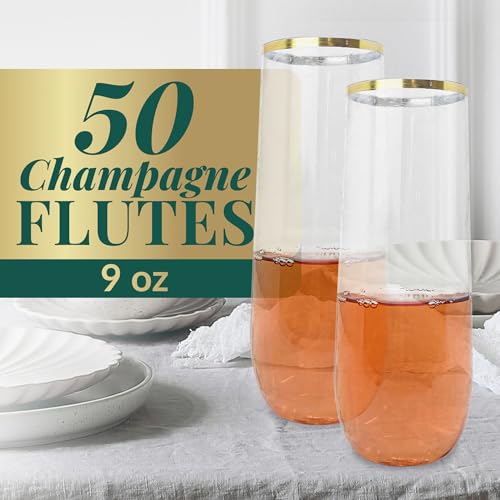 50 Pack 9oz Clear Gold Rim Stemless Plastic Champagne Flutes P402