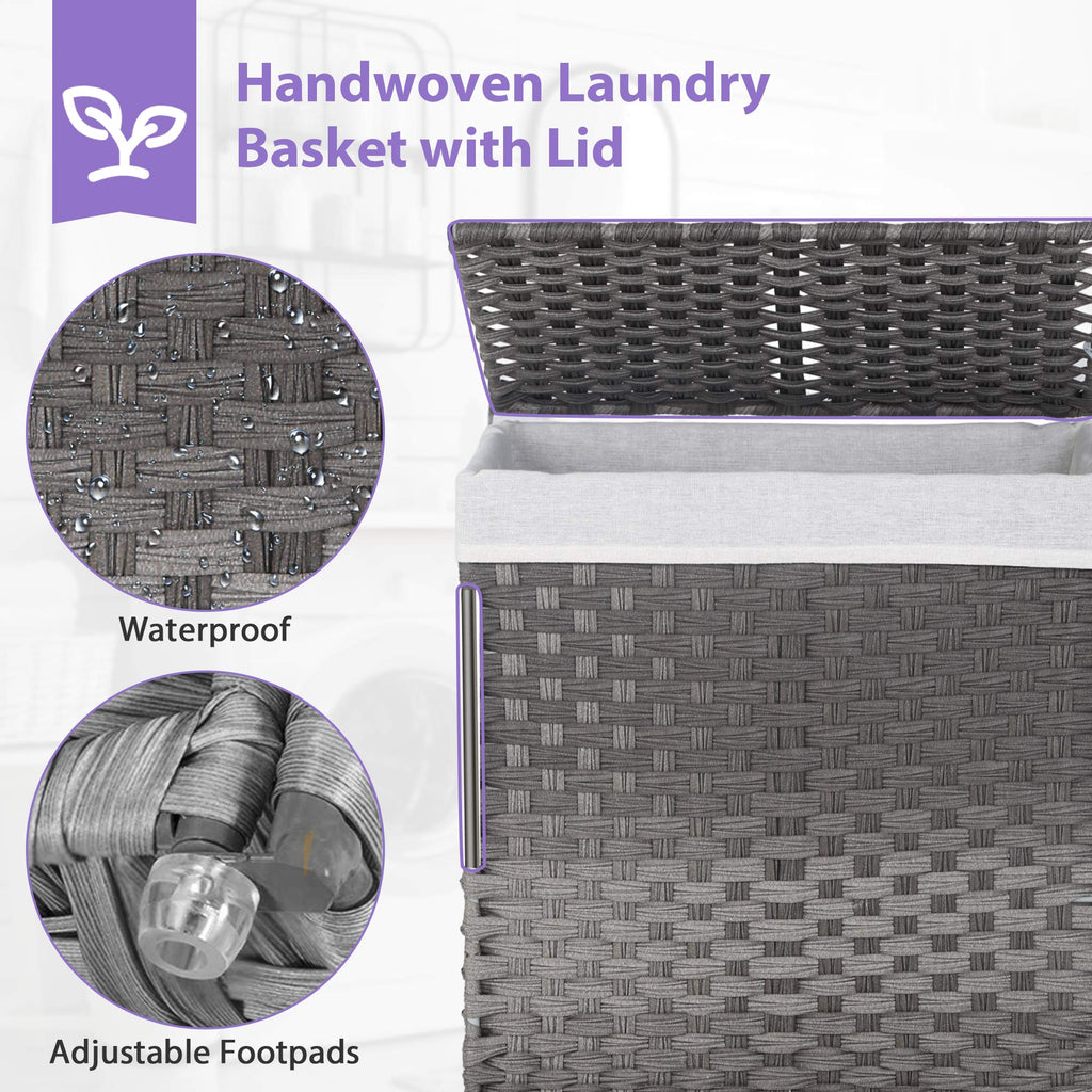 Divided Laundry Hamper 90L/110L Synthetic Rattan Handwoven Double Sorter with Liner Bags Foldable Grey O5139