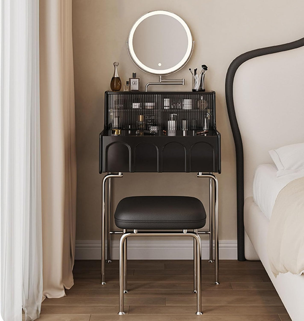 Black Compact Vanity Desk with 3 Adjustable Lighted Mirror and Storage Shelf L526808