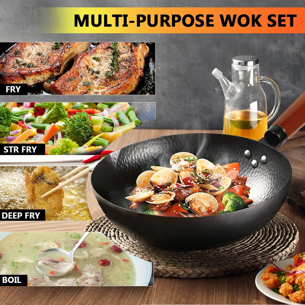 14 Piece Carbon Steel Wok Pan Set with Wooden Lid X5714