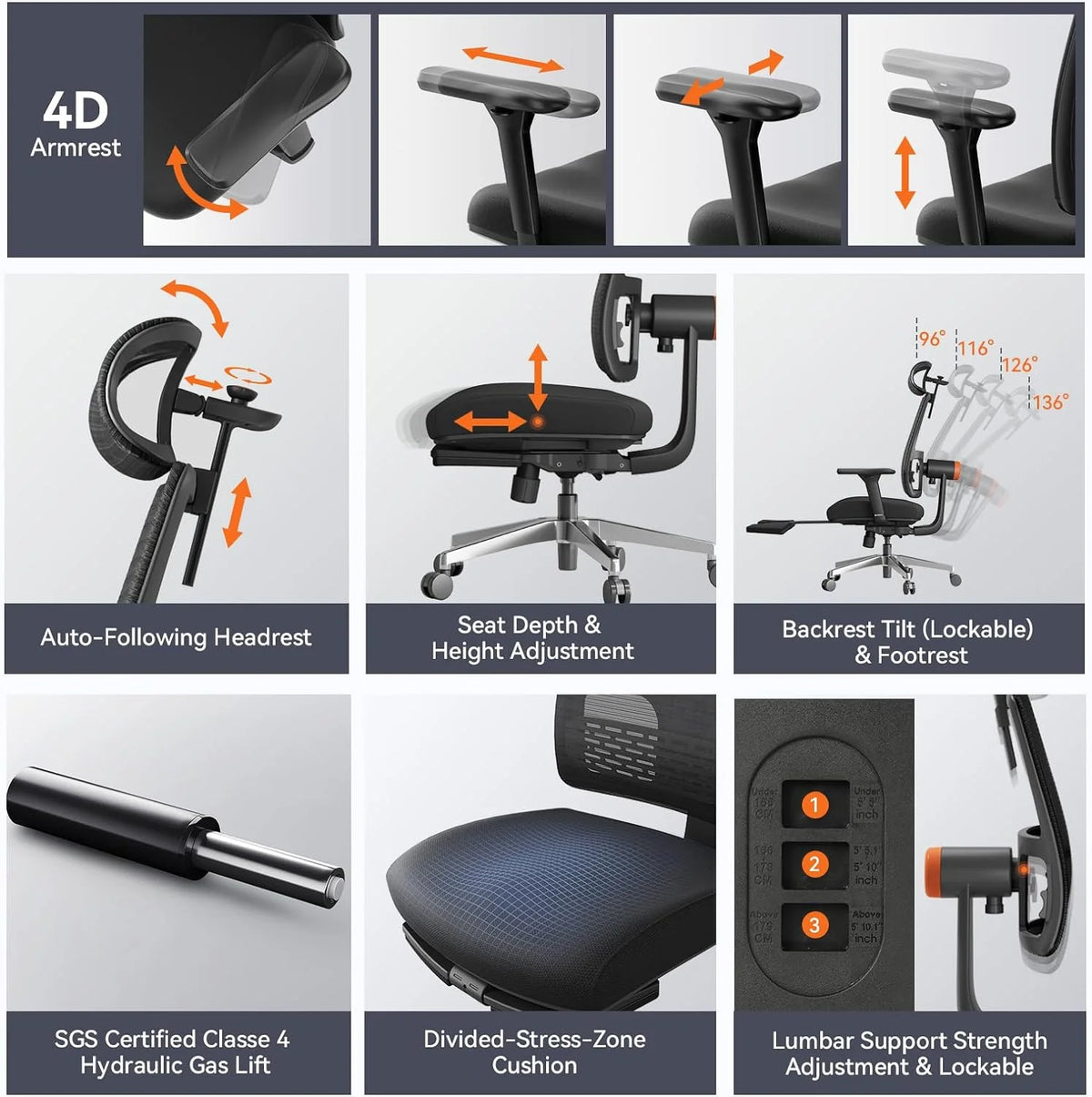 Ergonomic Chair with Footrest, High Back Desk Chair with Lumbar Support, Headrest, 4D Armrest, Adjustable Seat A13753