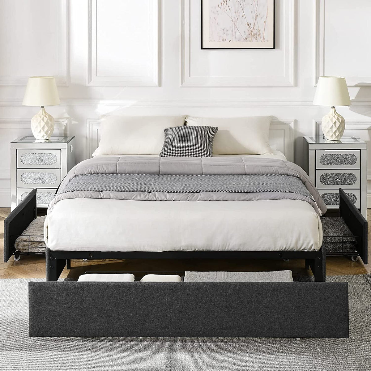 Full Size Upholstered Platform Bed Frame with 3 Storage Drawers T2621