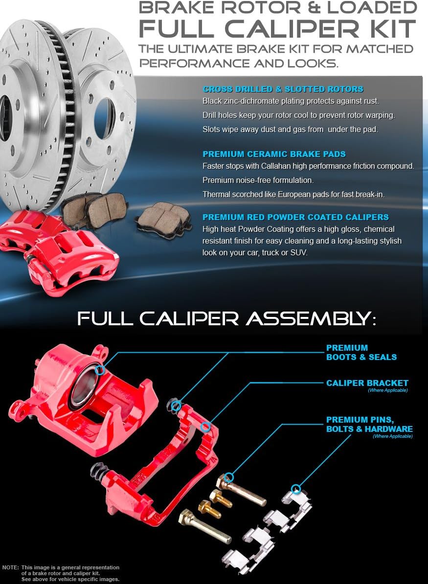 Powder Coated Red Calipers Rotors Ceramic Pads Kit C6712