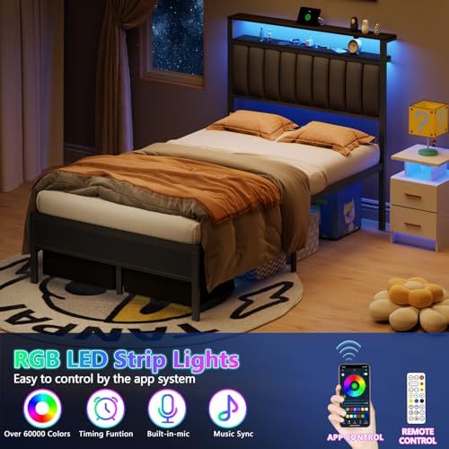 Grey Upholstered Twin Bed Frame with Charging Station and LED Lights W718