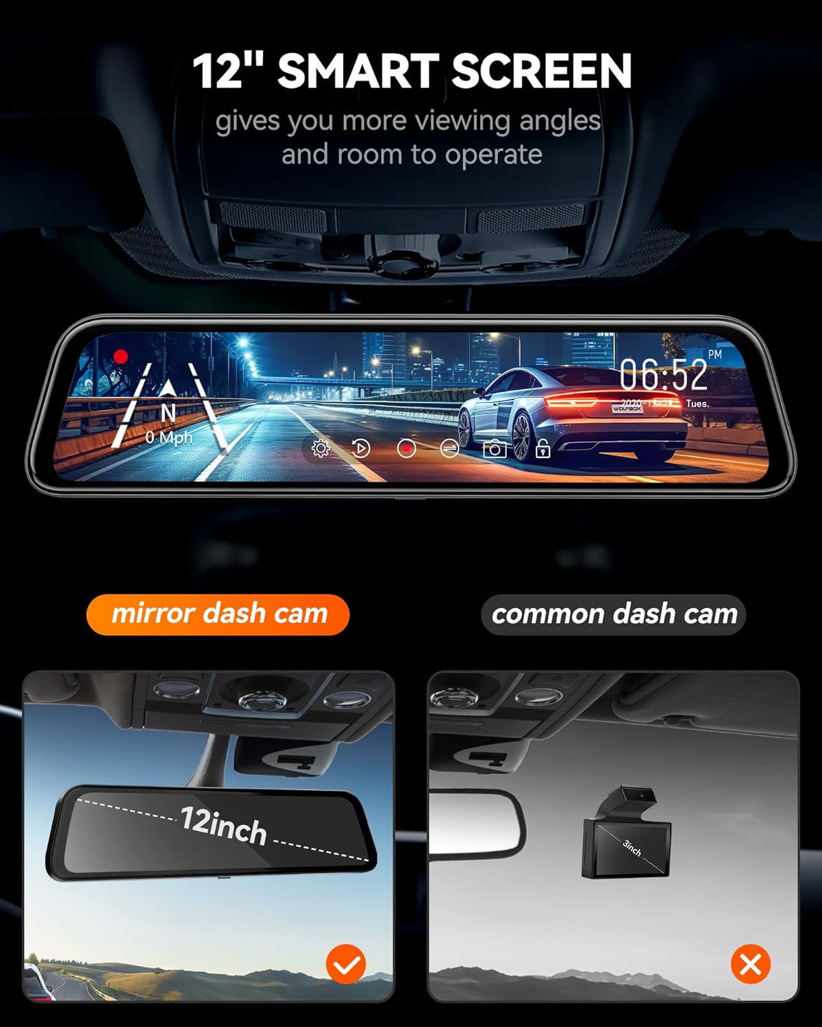 12" 4K Mirror Dash Cam Backup Camera with Front and Rear View Dual Cameras X9263