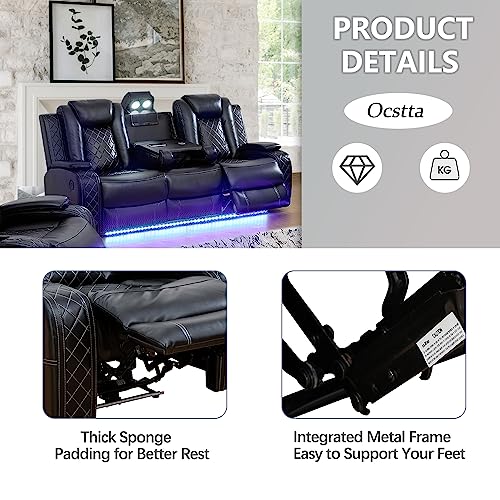 3 Piece Cream White Leather Recliner Sofa Set with LED Lights F43654
