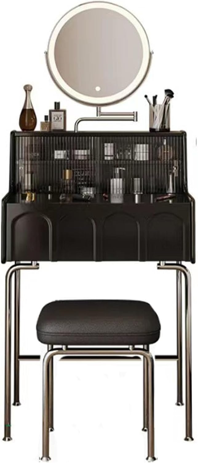 Black Compact Vanity Desk with 3 Adjustable Lighted Mirror and Storage Shelf L526808