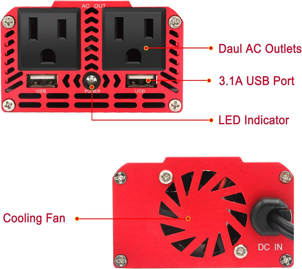 150W Car Power Inverter DC 12V to 110V AC with Dual USB Charger P8294