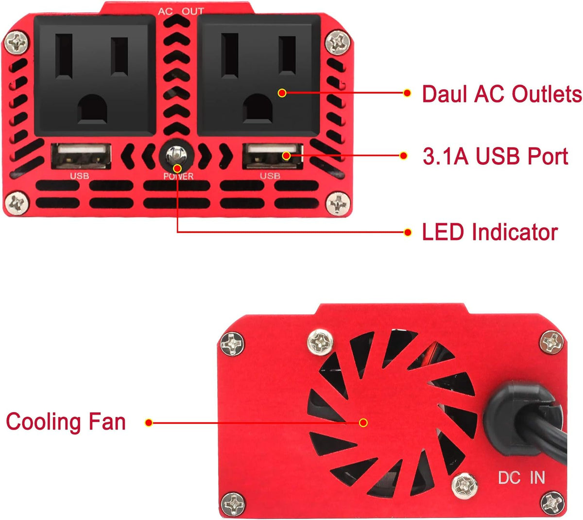 150W Car Power Inverter DC 12V to 110V AC with Dual USB Charger P8294