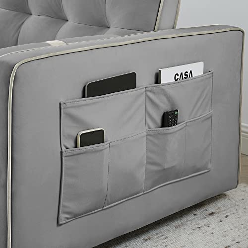 Grey Velvet 3-in-1 Sleeper Sofa Couch Bed with Pull-Out Bed W767089