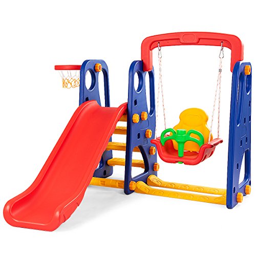 Toddler Long Slide Set, 3-in-1 Large Climber Playset with Basketball Hoop, Stairs, Thickened Panel, Playground Swing R7977
