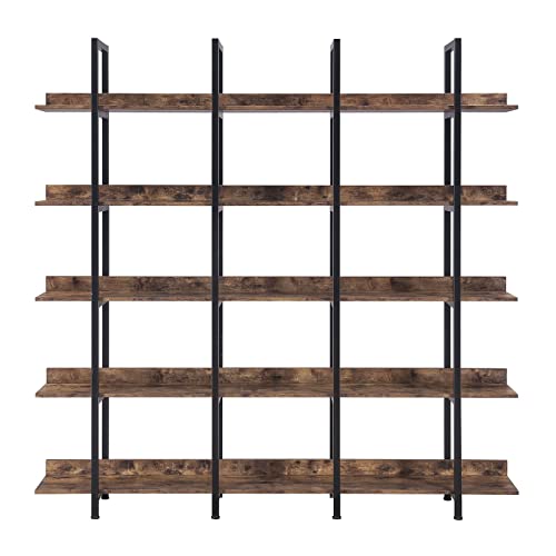 Black Triple Wide 5 Tiers Industrial Bookshelf with Metal Frame O5298