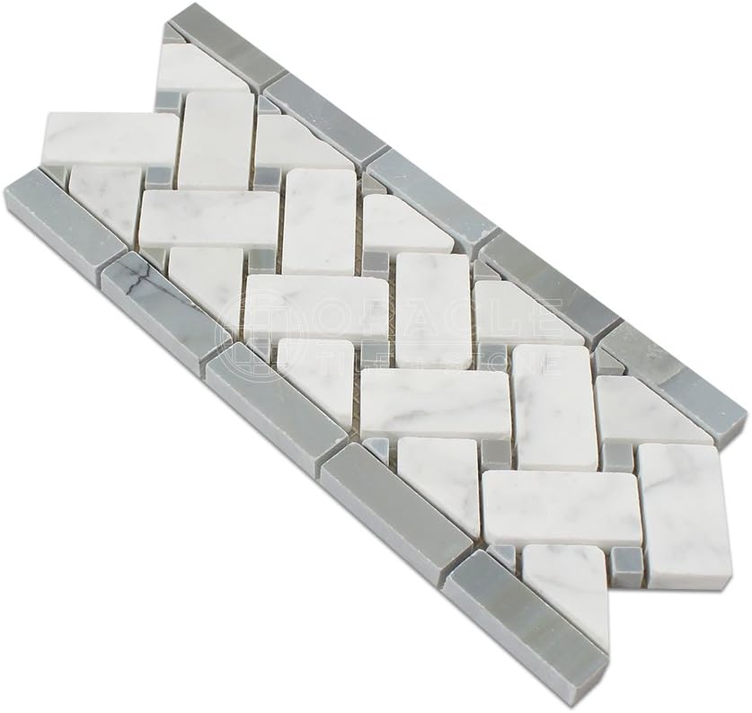Carrara White Marble Basketweave Border Mosaic Tile with Blue Gray Marble Dots, Polished V40221