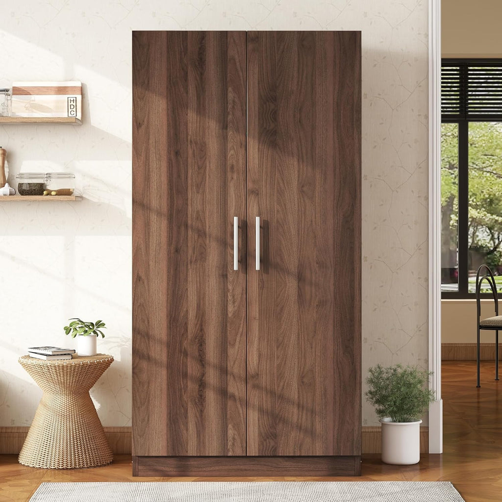2-Door Wooden Wardrobe Armoire with 3 Adjustable Shelves and Hanging Rod, Brown L81498