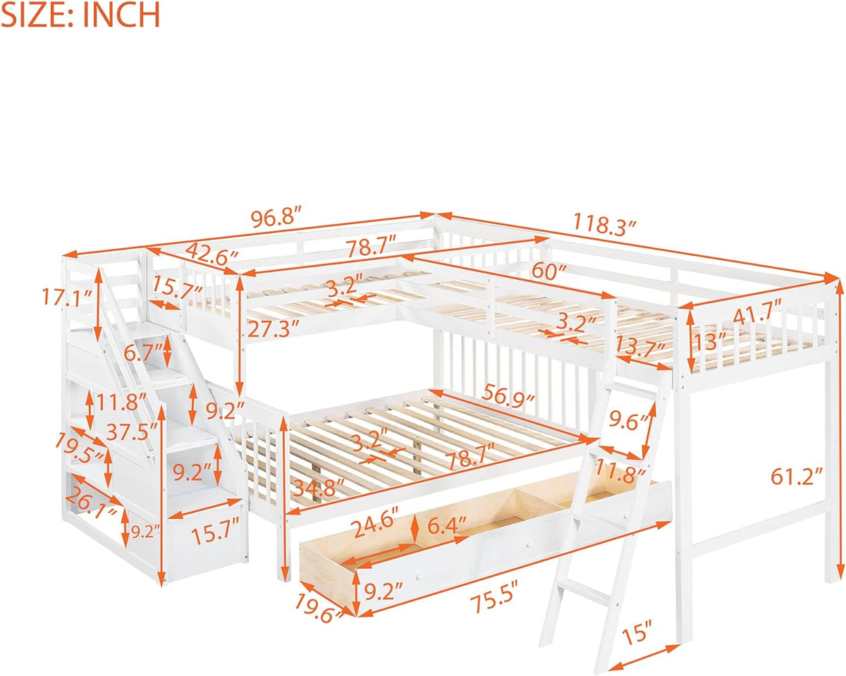 White Wooden Triple Bunk Bed With Stairs And 3 Storage Drawers P913
