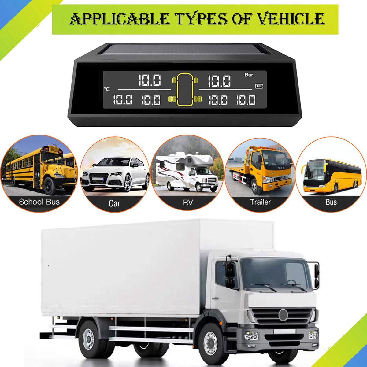 Wireless Solar Tire Pressure Monitoring System with 6 External Sensors Y3925