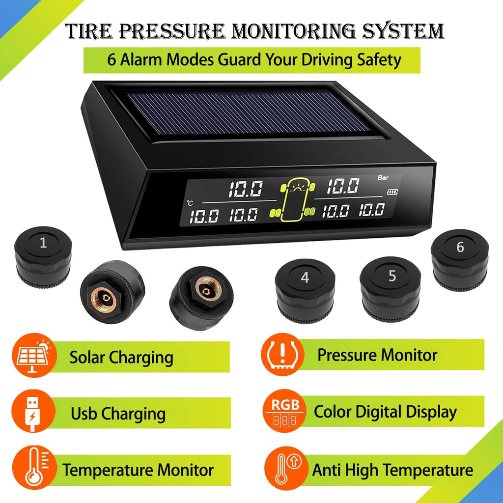 Wireless Solar Tire Pressure Monitoring System with 6 External Sensors Y3925