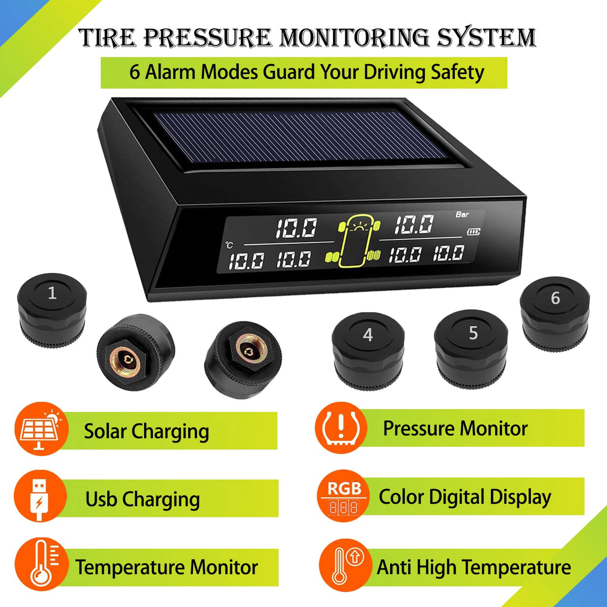 Wireless Solar Tire Pressure Monitoring System with 6 External Sensors Y3925