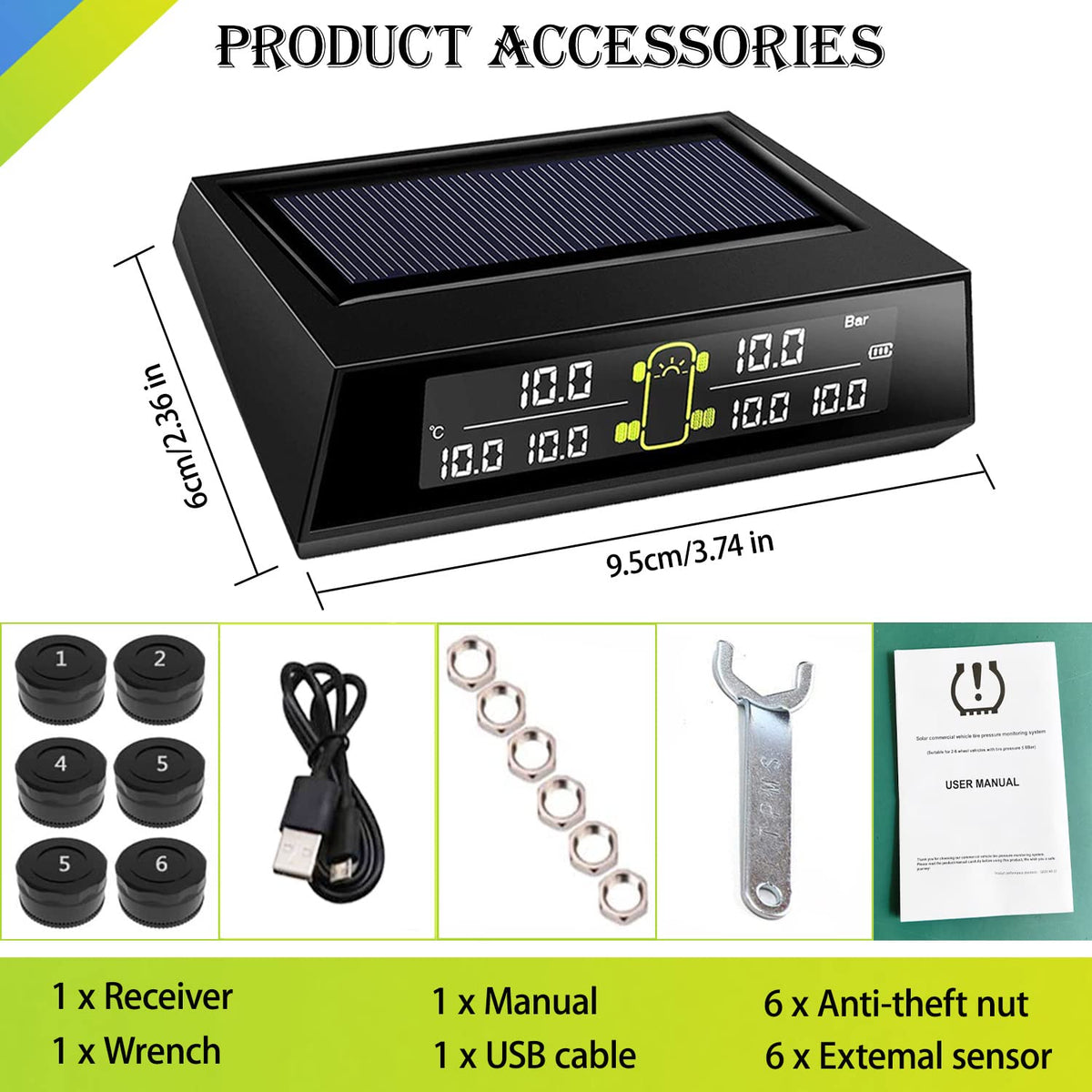 Wireless Solar Tire Pressure Monitoring System with 6 External Sensors Y3925