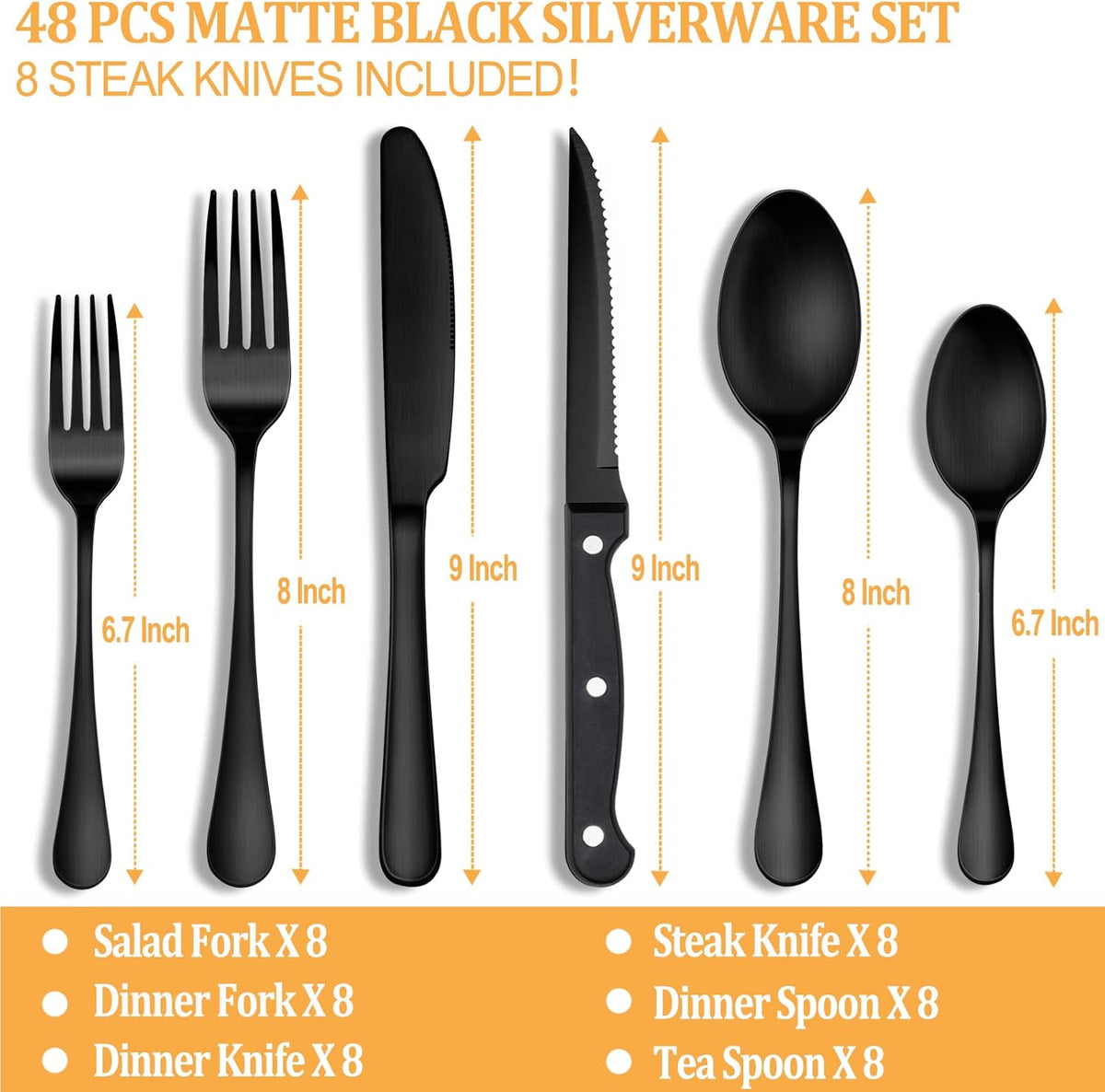 48 Piece Matte Black Stainless Steel Flatware Set with Steak Knives V449100
