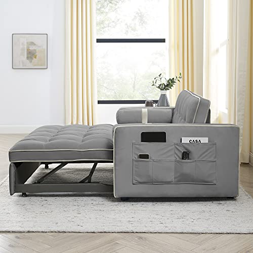 Grey Velvet 3-in-1 Sleeper Sofa Couch Bed with Pull-Out Bed W767089