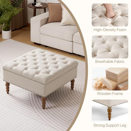Large Square Ottoman Coffee Table with Storage and Solid Wood Shelf (Beige) N70202