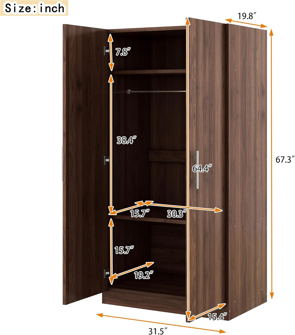 2-Door Wooden Wardrobe Armoire with 3 Adjustable Shelves and Hanging Rod, Brown L81498