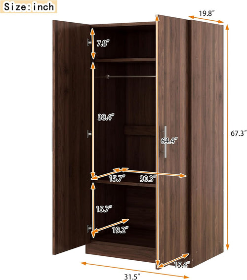 2-Door Wooden Wardrobe Armoire with 3 Adjustable Shelves and Hanging Rod, Brown L81498