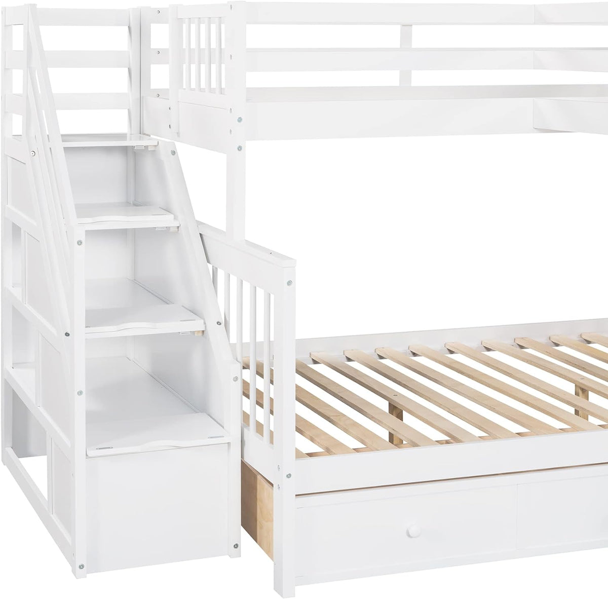 White Wooden Triple Bunk Bed With Stairs And 3 Storage Drawers P913