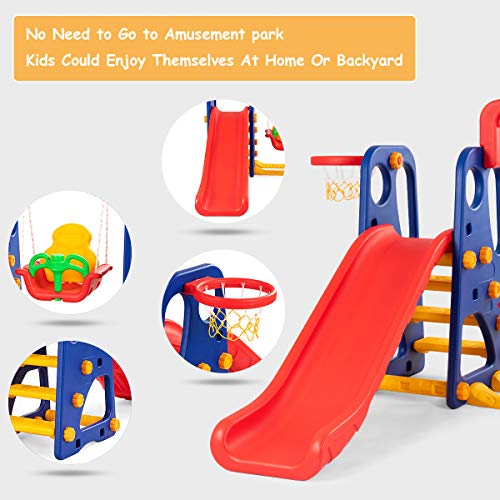 Toddler Long Slide Set, 3-in-1 Large Climber Playset with Basketball Hoop, Stairs, Thickened Panel, Playground Swing R7977