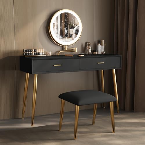 Black 31.5in Vanity Desk Set with 360° Rotating Mirror and Lights, 2 Drawers, Stool F3044