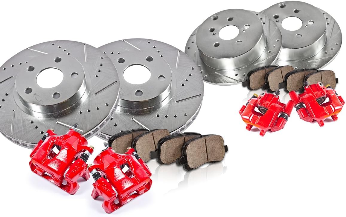 Powder Coated Red Calipers Rotors Ceramic Pads Kit B406