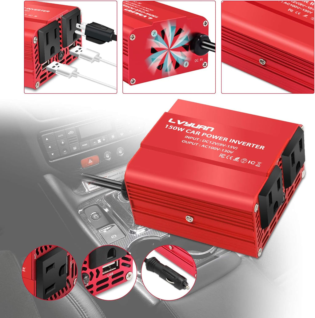 150W Car Power Inverter DC 12V to 110V AC with Dual USB Charger P8294