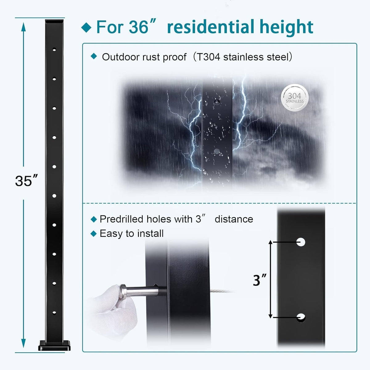 4 Pack Black Square Stainless Steel Cable Railing Post F8805