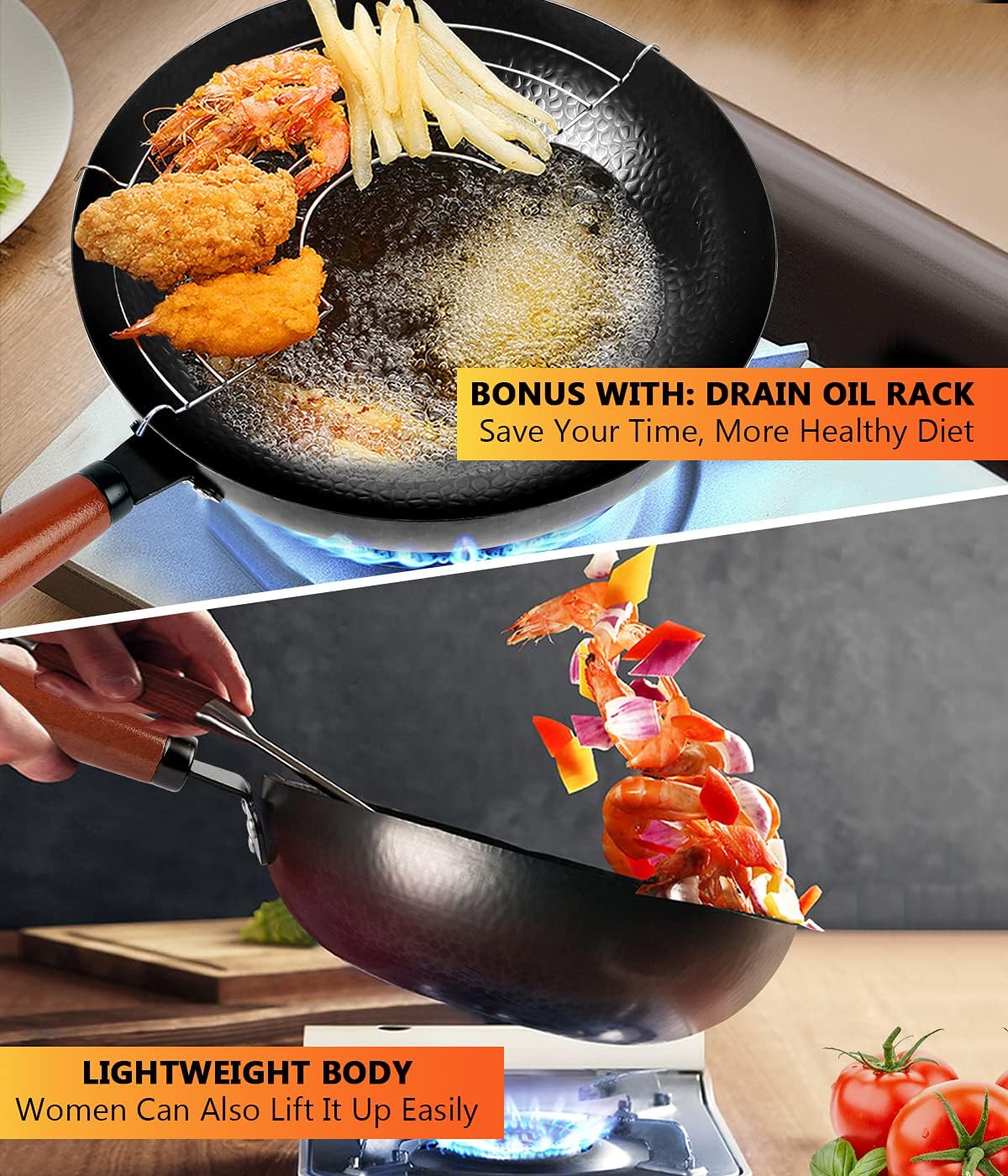 14 Piece Carbon Steel Wok Pan Set with Wooden Lid X5714