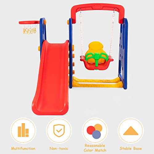 Toddler Long Slide Set, 3-in-1 Large Climber Playset with Basketball Hoop, Stairs, Thickened Panel, Playground Swing R7977