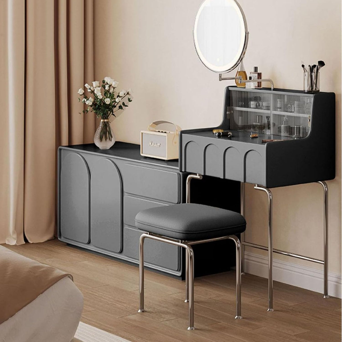 Black Compact Vanity Desk with 3 Adjustable Lighted Mirror and Storage Shelf L526808