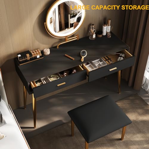Black 31.5in Vanity Desk Set with 360° Rotating Mirror and Lights, 2 Drawers, Stool F3044