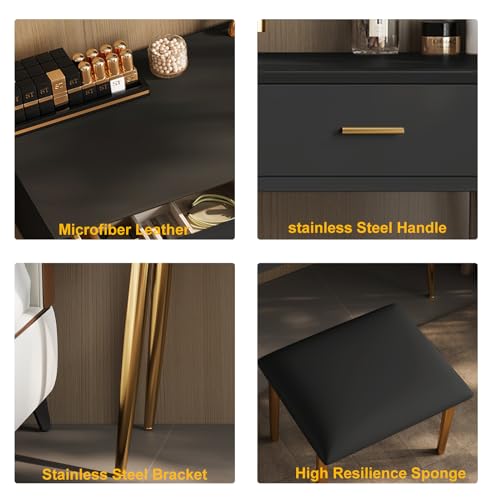 Black 31.5in Vanity Desk Set with 360° Rotating Mirror and Lights, 2 Drawers, Stool F3044