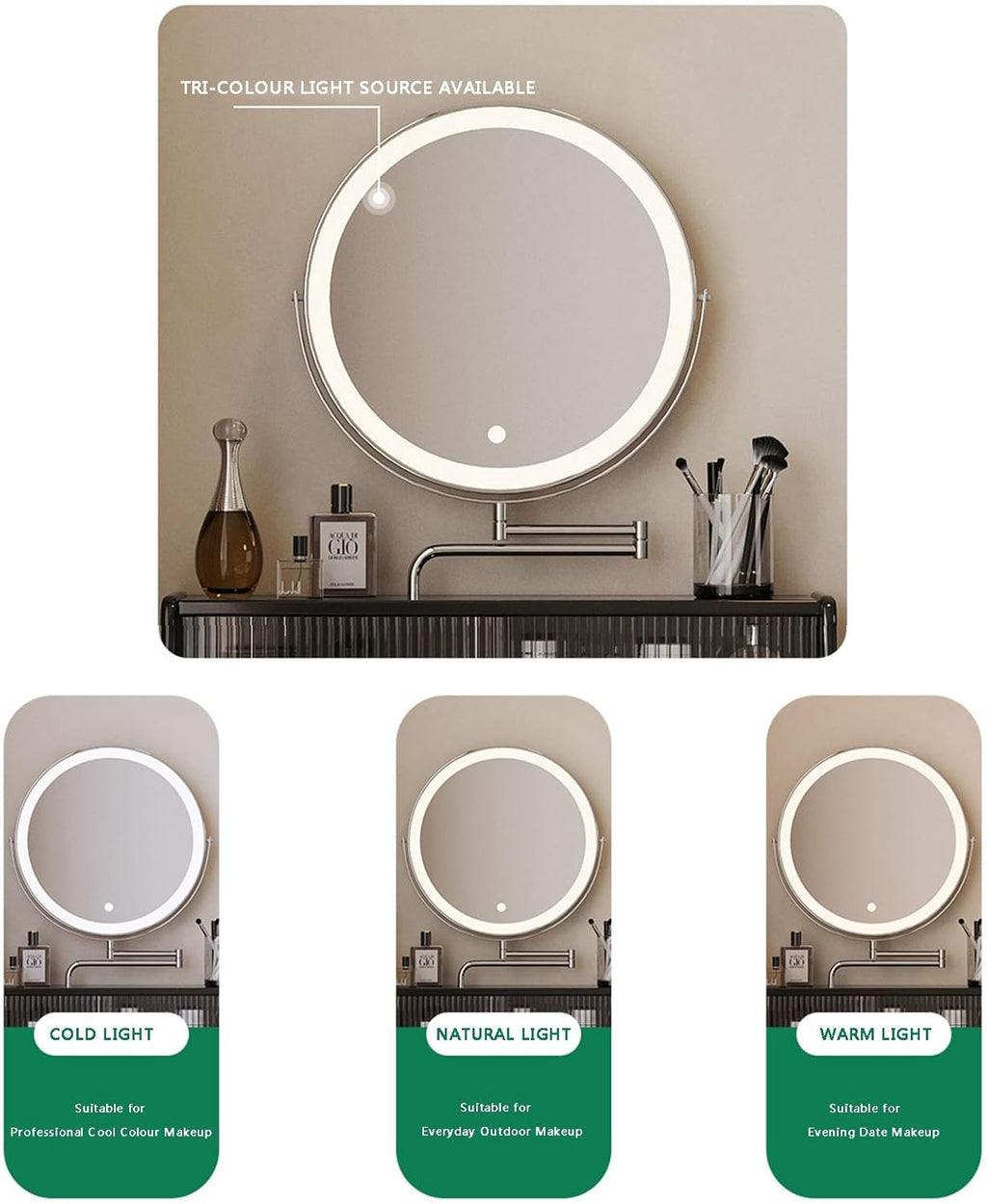 Black Compact Vanity Desk with 3 Adjustable Lighted Mirror and Storage Shelf L526808