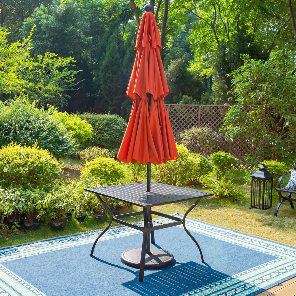 6-Piece Outdoor Patio Set with 10 FT Umbrella, 4 PCS Metal Steel Stacking Chairs & 1 PC Square Dining Table, Orange Red Umbrella Q445