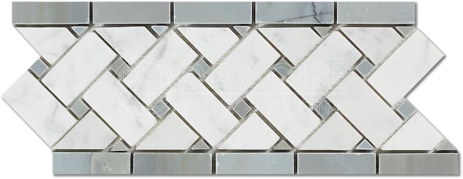 Carrara White Marble Basketweave Border Mosaic Tile with Blue Gray Marble Dots, Polished V40221