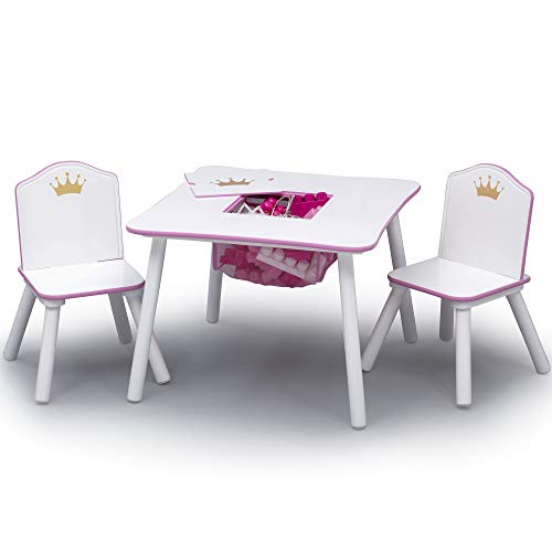 White/Pink Kids Wood Table and Chair Set with Storage L24222