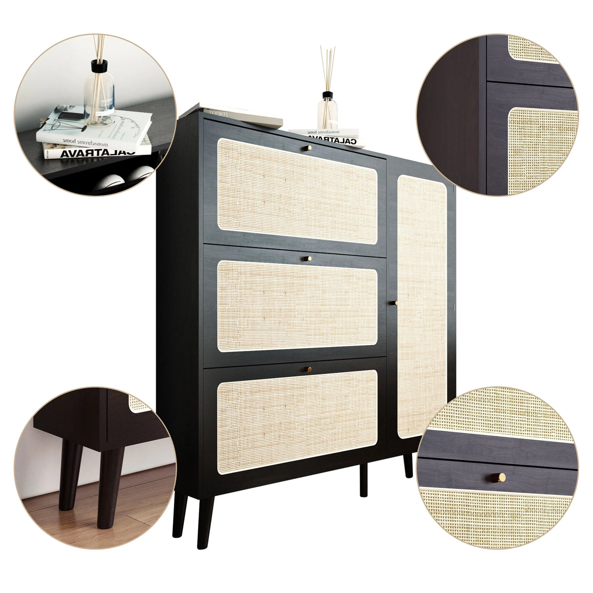 48" Wide Black Wood Shoe Cabinet with 3 Flip Doors M498