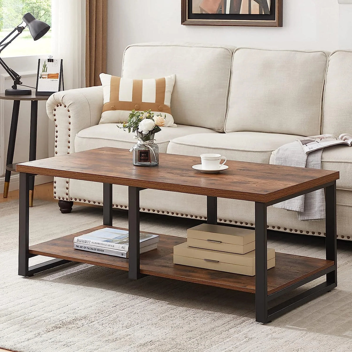 47 Inch Rustic Brown Wood Coffee Table with Storage Shelf R639775
