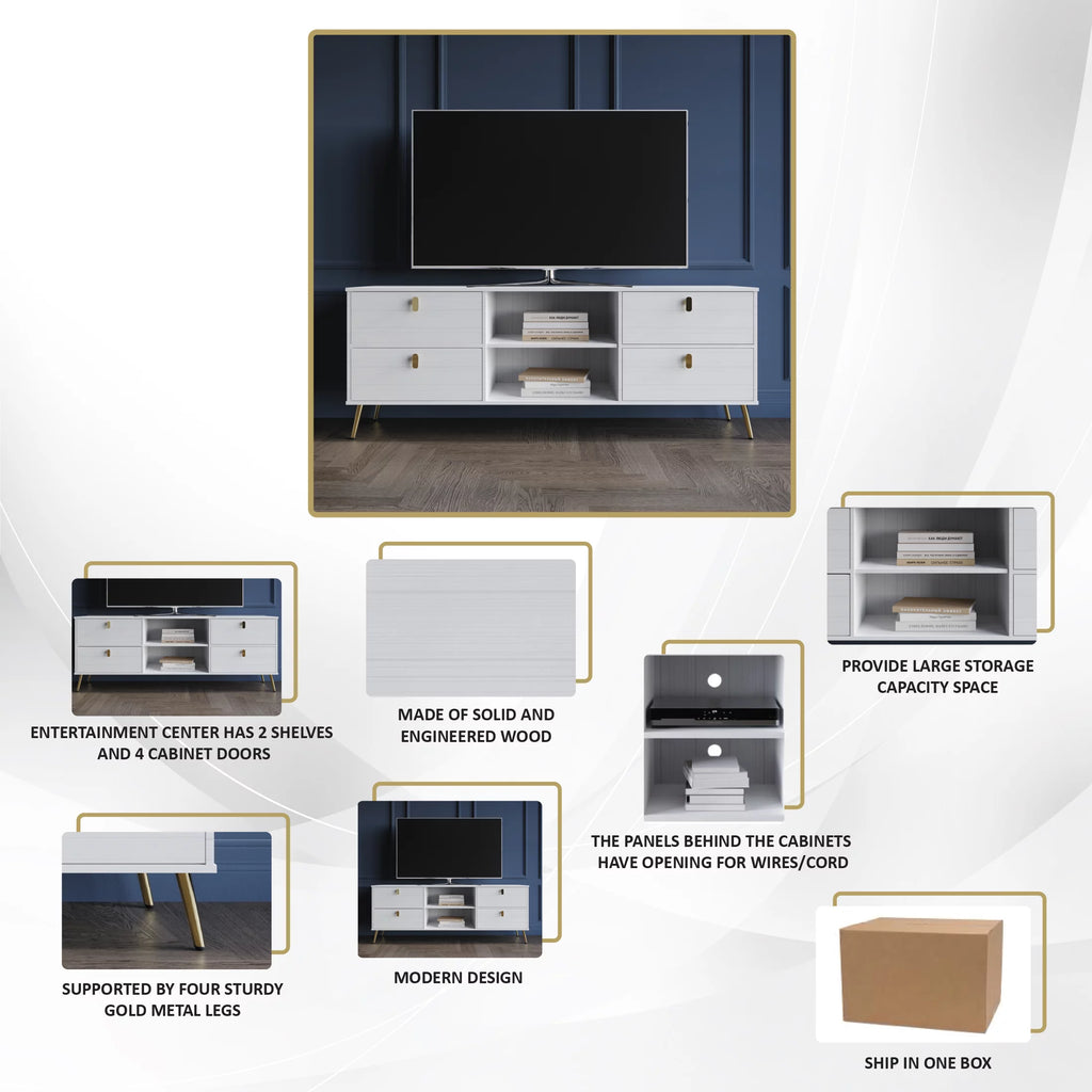 White Wood TV Stand with Gold Metal Legs U802012